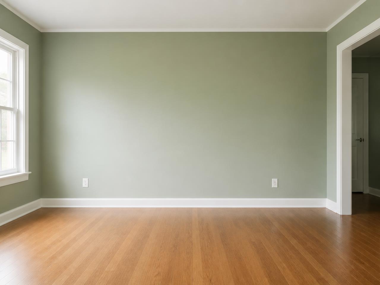 Freshly painted sage green wall with crisp white trim