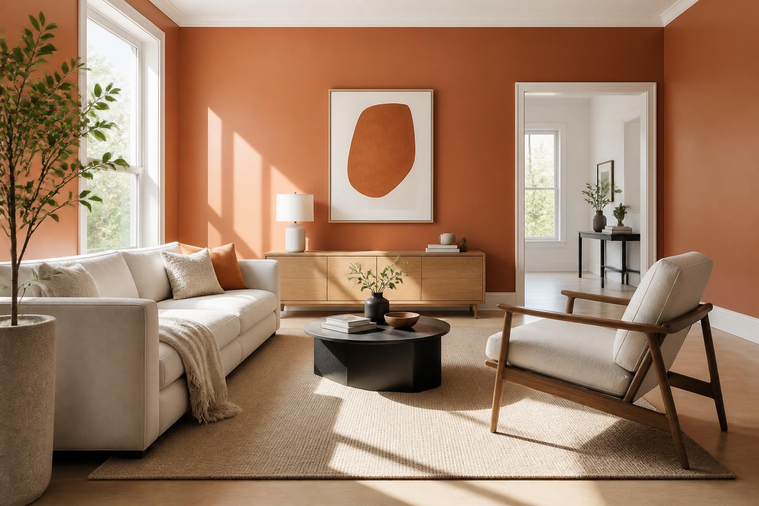Living room with a warm terracotta accent wall and white trim